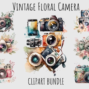 Watercolor Camera Clipart Floral Camera PNG Printable digital download camera logo Vintage Photographer Retro clipart scrapbooking cards