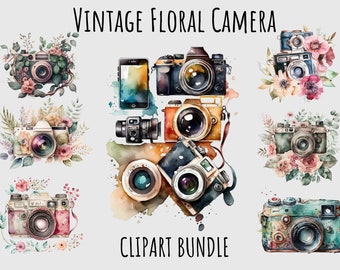 Aquarell Kamera Clipart Floral Kamera PNG druckbare digitaler Download Kamera Logo Vintage Fotograf Retro Clipart Scrapbooking Karten