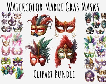 Watercolor Mardi Gras Mask Clipart Png bundle, Carnival clipart, Masquerade mask, Party mask png Printable Instant Digital Download