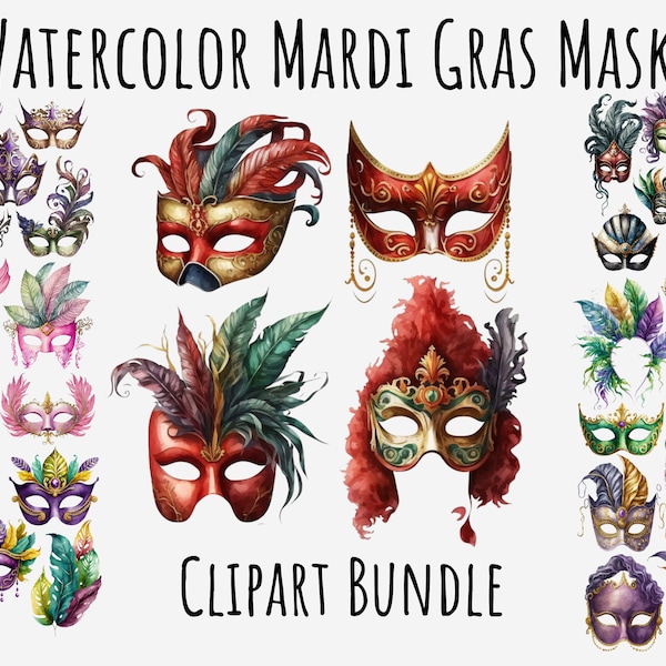 Watercolor Mardi Gras Mask Clipart Png bundle, Carnival clipart, Masquerade mask, Party mask png Printable Instant Digital Download