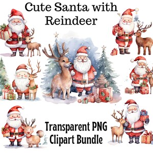 Watercolor Cute Christmas Clipart, Santa with Reindeer PNG bundle, Christmas Tree, Presents, Gifts, Santa Claus, Greeting cards, Sublimation