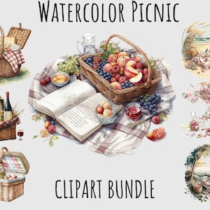 Watercolor Picnic basket clipart, Beach,Garden picnic png invitation,table, family brunch,romantic dinner, picnic blanket printable download