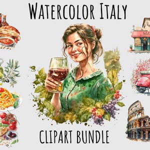 Watercolor Italy clipart, Wine, Pasta, Pizza png, Olive branch, Bakery, Italian clipart bundle PNG Printable Digital Download Traveling