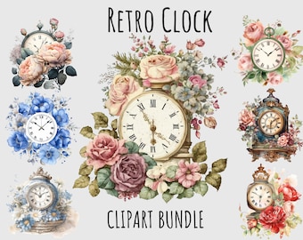 Watercolor Clock clipart PNG, Retro Clock clipart, Floral vintage clock printable digital download, Clock png bundle scrapbooking
