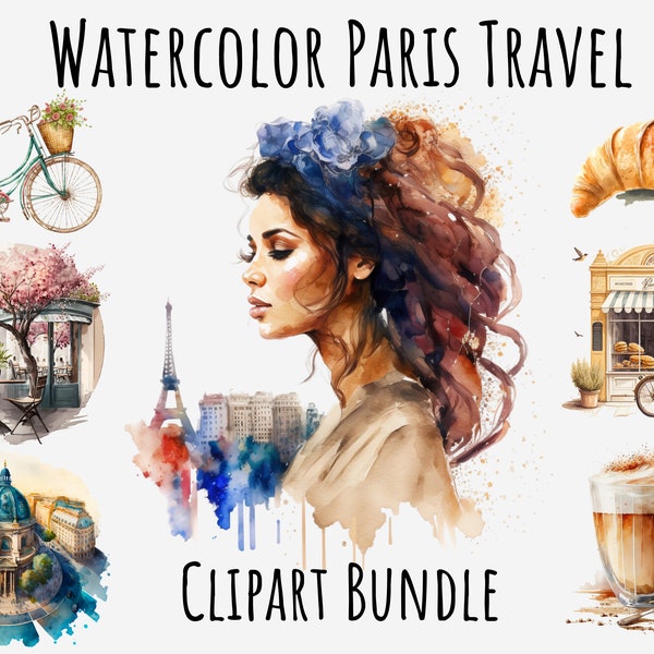 Watercolor Paris Travel Clipart PNG, Macaroon, Eifel tower, coffee, Croissant,bike, bakery, France motifs Printable Digital Download