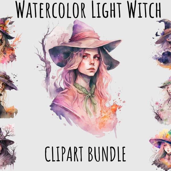 Watercolor Light Witch Clipart PNG Bundle, Witchy clipart, good Witch portrait, cauldron broom,potion Witchcraft printable digital download