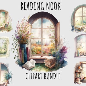 Watercolor Reading corner clipart Spring Floral window png, Bookshelf clipart Bookworm Printable, Aesthetic cottage digital download