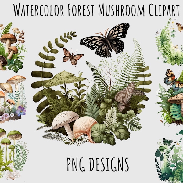 Watercolor Greenery Forest Mushroom clipart Download Mystical Botanical Junk Journaling Bundle art graphic Printable Fern Butterflies