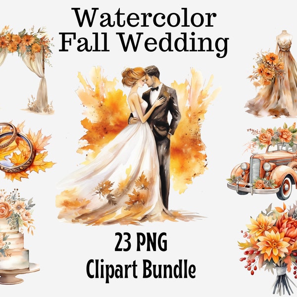 Watercolor Fall wedding clipart, Invitation clipart, Printable Transparent png, Fall flower bouquet, Wedding car, Dress, Cake, Journaling