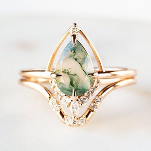 Moss Agate pear Eliana engagement Ring one of a kind engagement ring modern ring stacking ring proposal wedding ring