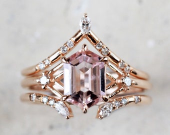 Morganite Engagement ring Pink Morganite Hexagon ring Diamond proposal ring Unique engagement ring modern bridal jewelry art deco jewelry