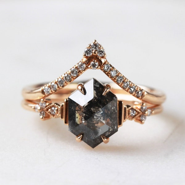 Salt and pepper Alice ring Hexagon diamond engagement ring proposal ring wedding band rose gold diamond ring propose unique engagement ring