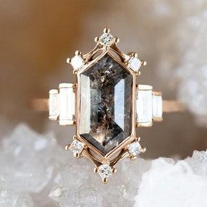 Salt and Pepper diamond engagement Ring Salt and Pepper Celeste Ring Hexagon engagement Diamond wedding ring modern proposal ring image 4