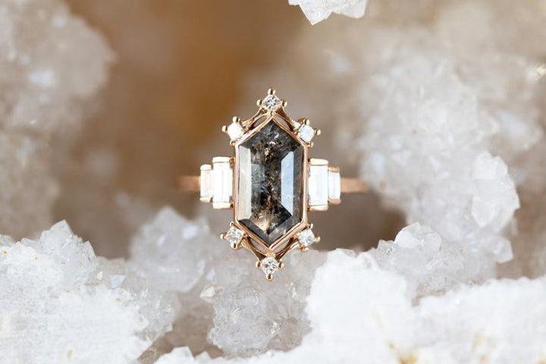 Salt and Pepper diamond engagement Ring Salt and Pepper Celeste Ring Hexagon engagement Diamond wedding ring modern proposal ring image 5