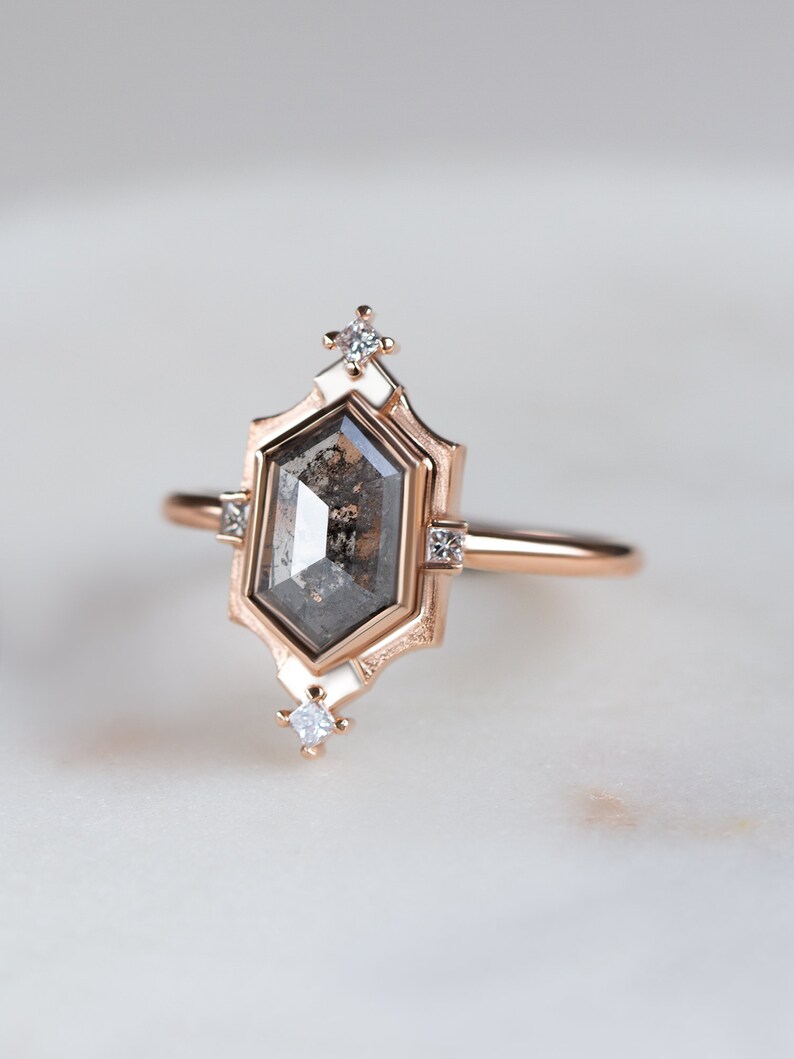 Salt and Pepper Hexagon Diamond Engagement Ring Wedding Ring Etsy
