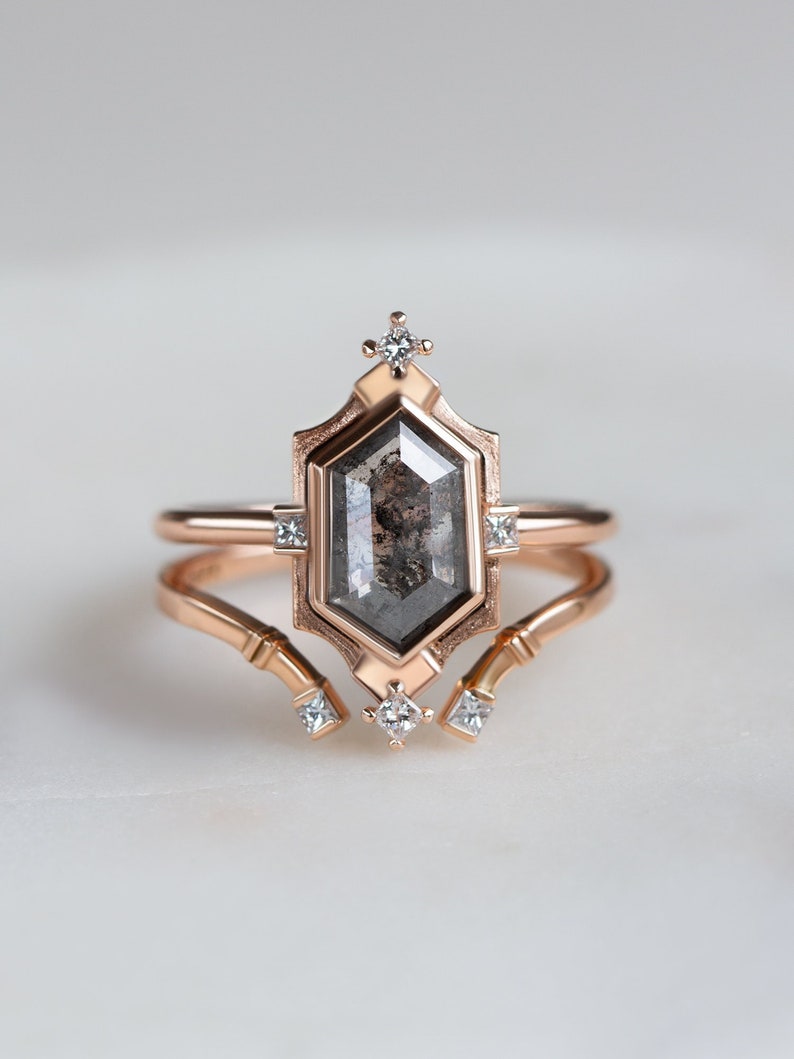 Salt and Pepper Hexagon Diamond Engagement Ring Wedding Ring Etsy