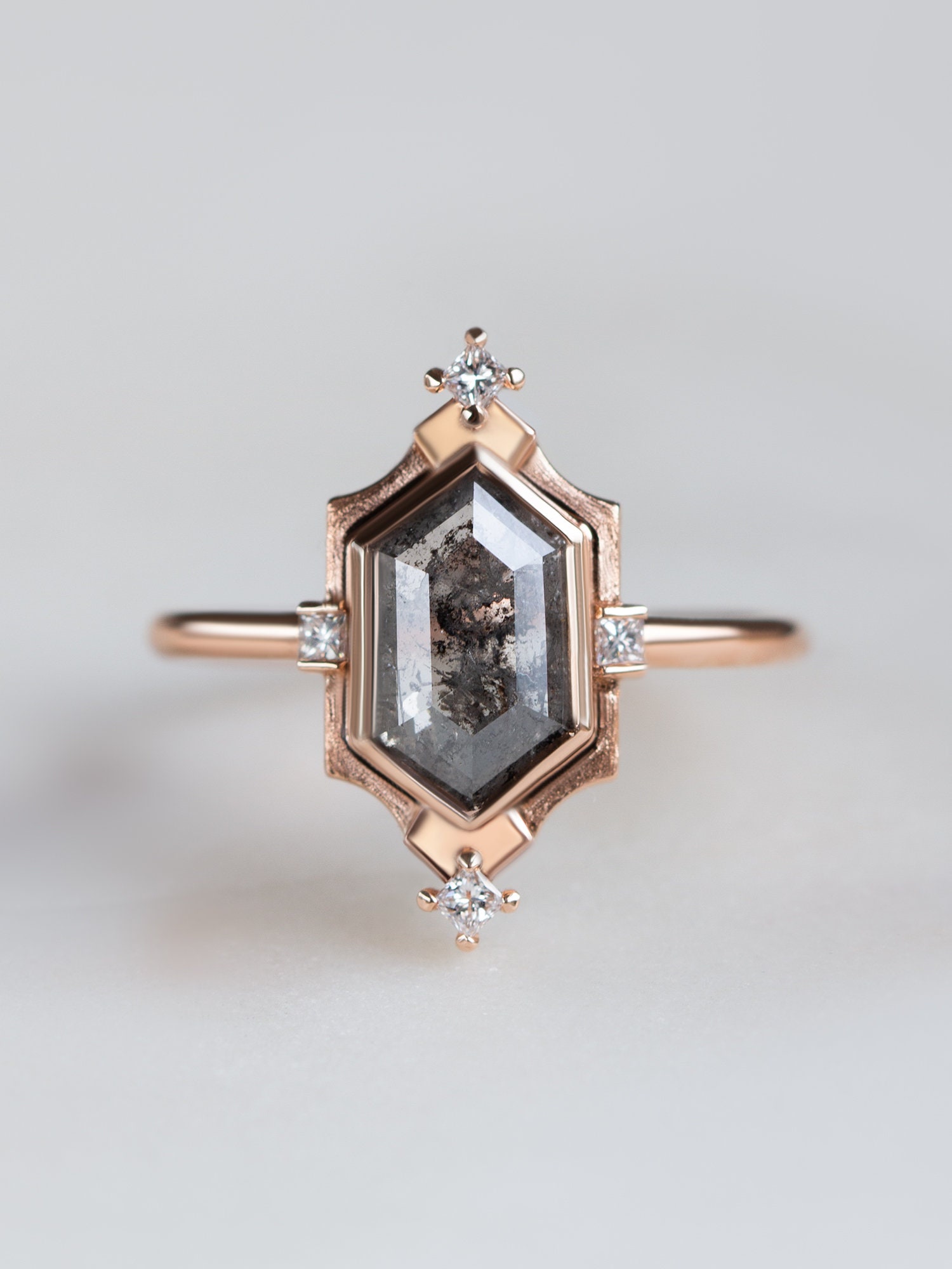 Salt and Pepper Hexagon Diamond Engagement Ring Wedding Ring | Etsy
