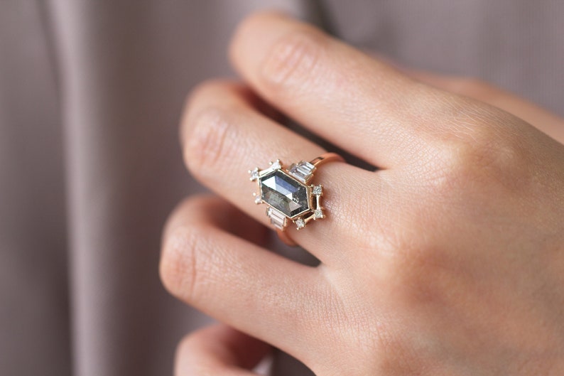 Salt and Pepper diamond engagement Ring Salt and Pepper Celeste Ring Hexagon engagement Diamond wedding ring modern proposal ring image 8