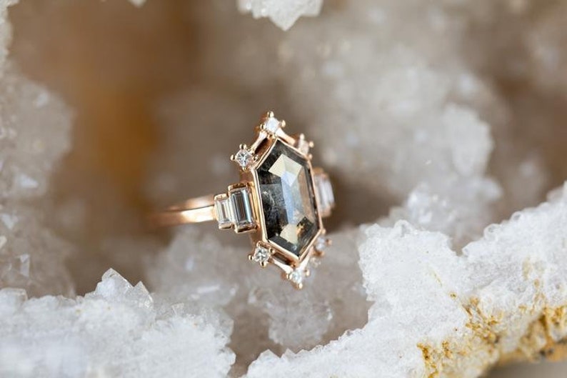 Salt and Pepper diamond engagement Ring Salt and Pepper Celeste Ring Hexagon engagement Diamond wedding ring modern proposal ring image 7