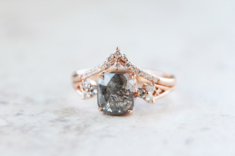 Rose Cut Salt and Pepper Diamond Engagement Ring 1CTW Gray Etsy