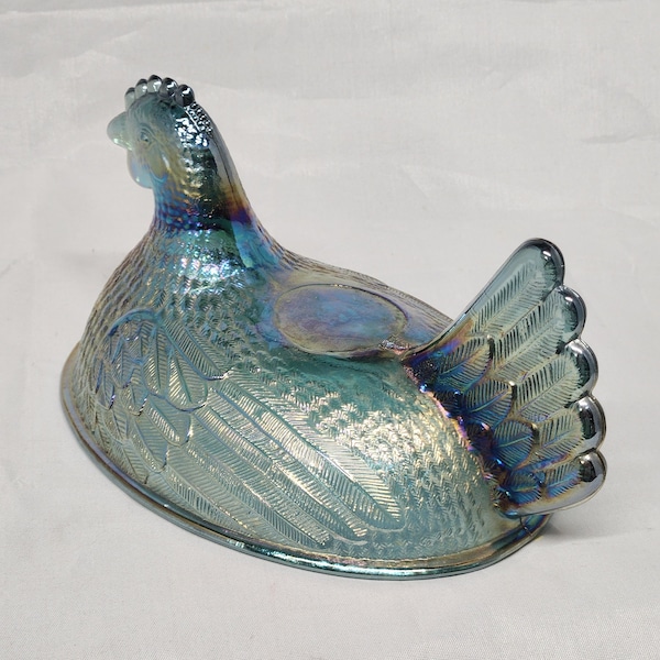 Iridescent Blue Carnival Hen Missing her Nest Vintage 1970's Indiana Glass Co. Dish Trinket Keeper