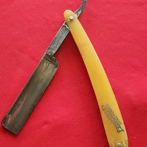 Vintage Prosperity Hand forged Straight Razor 450 with Yellow Bakelite Handle Barbershop Razor Straight Edge SEE PHOTOS/DESCRIPTION
