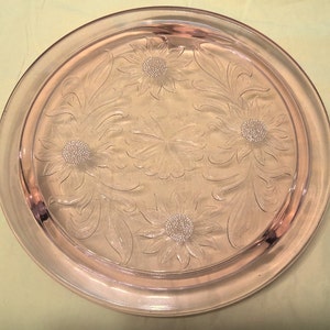 Pink Jeannette Glass 1930's "Sunflower" Three-Toed Cake Plate MCM Vintage Gorgeous