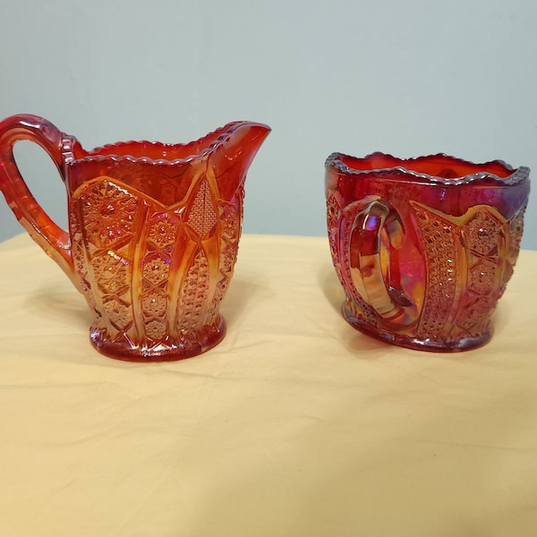 Heirloom Series Sunset Carnival Glass Iridescent Creamer & Sugar Set Hand Made Indiana Glass Company