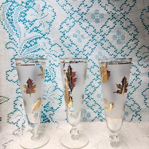 MCM Libbey "Golden Foliage" Pilsner Glasses distinctive frosted finish and metallic gold leaf pattern