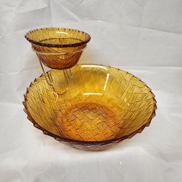 Indiana Glass Marigold Iridescent Carnival 3 Piece Glass Chip & Dip Set vintage 1950s Basket Weave