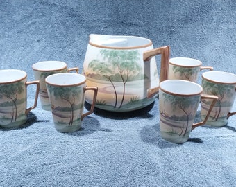 Antique Set of 7 TE-OH Nippon China Pitcher and Cups Hand Painted Lemonade, Water, Cider Japan Circa 1911-1921