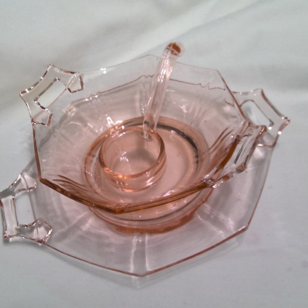 Imperial Pink Glass 'Molly' Pattern Condiments Serving Bowl, Underplate & Glass Spoon 3PieceSet
