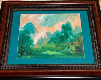 Original framed watercolor painting by Kentucky artist, Robert Herndon, titled, “Birds over the tombs”