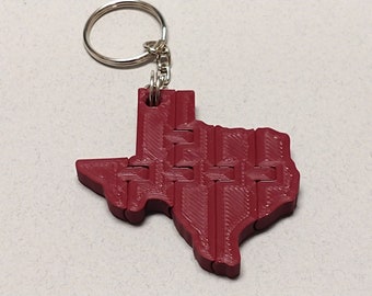 Flexible 3D Printed Texas Keychain in Texas A&M Aggie (TAMU) Maroon