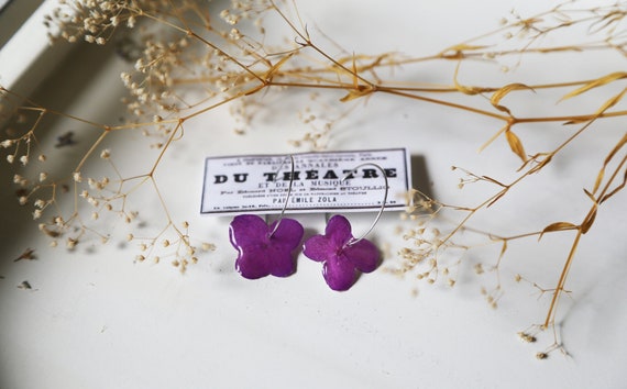 Unique Handmade Pressed Flower Earrings | Real Dyed Hydrangea in Resin | Botanical Jewelry | One Of A Kind Gift