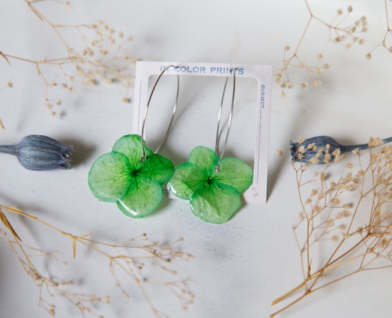 Unique Handmade Pressed Flower Earrings | Real Dyed Hydrangea in Resin | Botanical Jewelry | One Of A Kind Gift