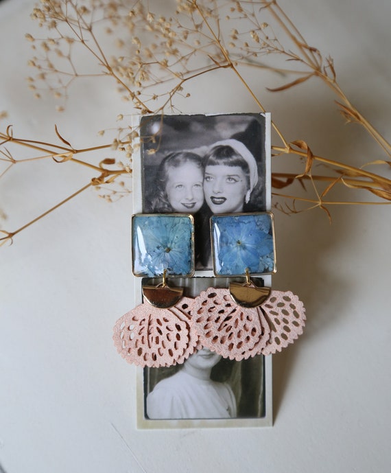 Unique Handmade Pressed Flower Earrings | Real Blue Hydrangea in Resin | Botanical Jewelry | One Of A Kind Gift
