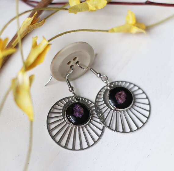Handmade Botanical Earrings | Stainless Steel Dangle Charms with Dried Flowers in Mauve Resin | Nature-inspired Jewelry | Gift