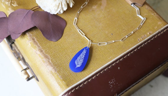 Nature-inspired Handmade Blue Resin Pendant Necklace | Real Pressed Leaf on Textured Paperclip Chain | Unique One Of A Kind Gift