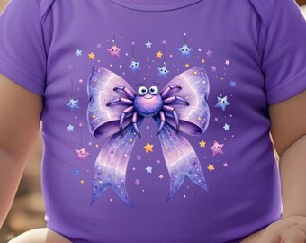 Cute Spider Bow PNG | Pastel Halloween Sublimation Design | Kawaii Spider with Stars | Baby Bodysuit, Shirt, Tote Bag Design & More