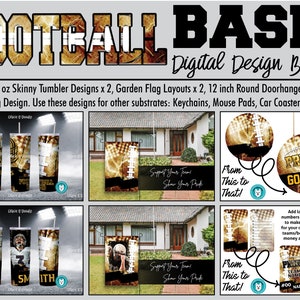 May include: A digital design bundle for football fans. The bundle includes 20 oz skinny tumbler designs, garden flag layouts, a 12 inch round doorhanger design, and a bag tag design. The designs feature a football theme with gold, black, and white colours. The text "Support Your Team, Show Your Pride" is included on the garden flag designs. The text "From This to That!" is included on the doorhanger designs. The text "Pride Go Team" is included on the doorhanger designs. The text "Team Name #00 Name" is included on the bag tag design.
