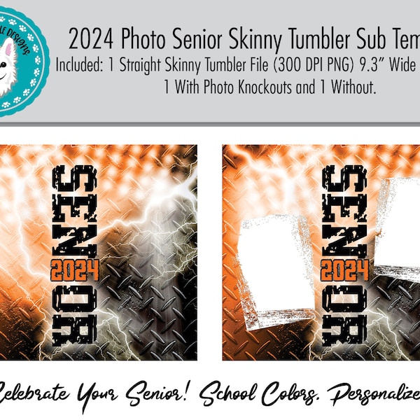 Orange & Black Senior 2024 Stadium Grunge 20 oz Skinny Tumbler With and Without Photo Drops | Sublimation | High Res Pngs | Digital Download