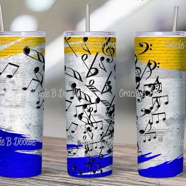 20 oz skinny tumbler | Band, Music, Choir, Orchestra Theme | Blue and Gold Swooshes/White Grunge Base | Instant Download