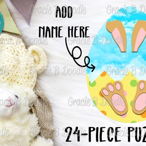 May include: A 24-piece puzzle featuring a cartoon bunny peeking out of an Easter egg. The egg is decorated with a yellow, blue, and pink polka dot pattern. The text "Add Name Here" is written above the egg.