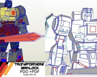 May include: An illustration of a Grimlock Transformer model, holding a red sword. The model is mainly grey, with yellow and red details. The image includes the text "TRANSFORMERS GRIMLOCK PDO + PDF" and "Height 450 mm", which is approximately 17.7 inches.