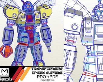 May include: A detailed illustration of the Transformers character Omega Supreme. The robot is primarily gray, with yellow and orange accents. The image includes the text "TRANSFORMERS OMEGA SUPRIME PDO + PDF Height 600 mm".