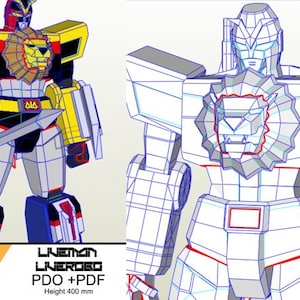May include: A colorful, detailed illustration of a robot with a lion's head on its chest, holding a sword. The robot is primarily yellow, black, and blue, with a silver sword. The image also shows a line drawing of the same robot. The text on the image says "LIVEROBOT" and "Height 400 mm".