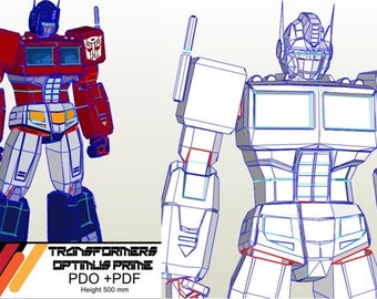 May include: A red and white Optimus Prime robot model kit with a blue outline. The kit includes a PDF and PDO file. The model is 500 mm tall.