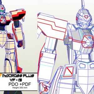 Puede incluir: Maqueta de papel de un robot mecha YF-19 Macross Plus, con una altura de 35 cm. El robot es principalmente blanquecino con detalles en rojo y negro, y una espada. La imagen también incluye el logotipo y texto de Mishima Models.