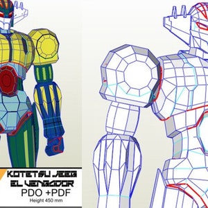 Può includere: Un kit di modellismo in carta di un robot verde e giallo con accenti rossi. Il robot si chiama "Kotetsu Jeeg El Vengador" ed è alto 450 mm. Il kit include file PDO e PDF.